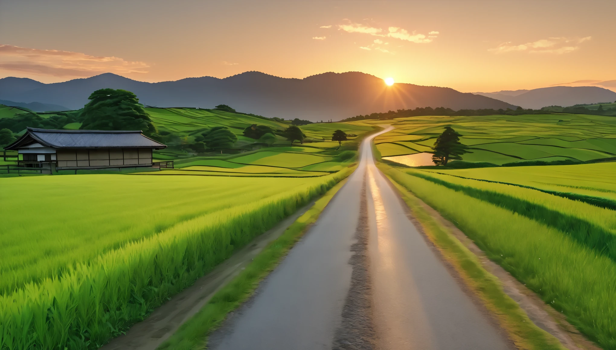 a small rural japanese village, lush green fields, paved road, summer day, golden sunset, (best quality,4k,8k,highres,masterpiece:1.2),ultra-detailed,(realistic,photorealistic,photo-realistic:1.37),HDR,UHD,studio lighting,vivid colors,professional