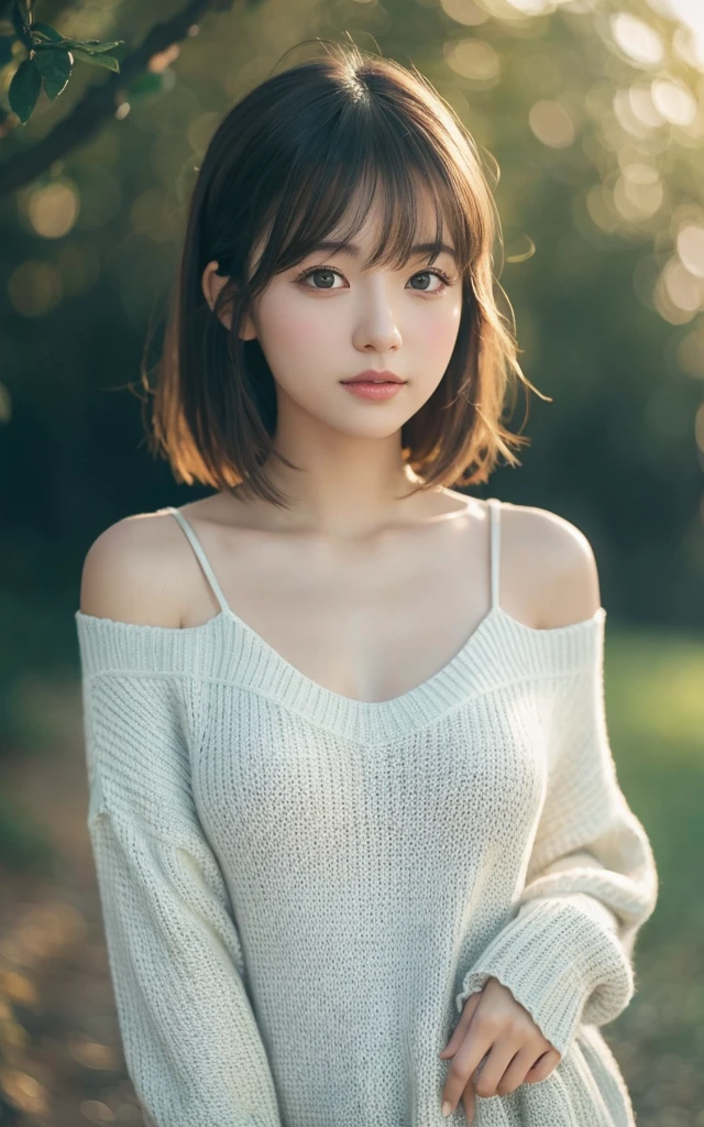 masterpiece, Highest quality, 8k, 20th Generation, Large Breasts, cute, alone, sad, cute, Girlish, Delicate girl, Pure beauty, RAW Photos, Professional photography, Portraiture, Soft Light, Professional Lighting, Backlight, Upper Body, avert your eyes, Sophisticated, Film Grain, (Eye and facial details:1.0), Short floating hair, Beautiful, flowing hair, bangs, sweater,