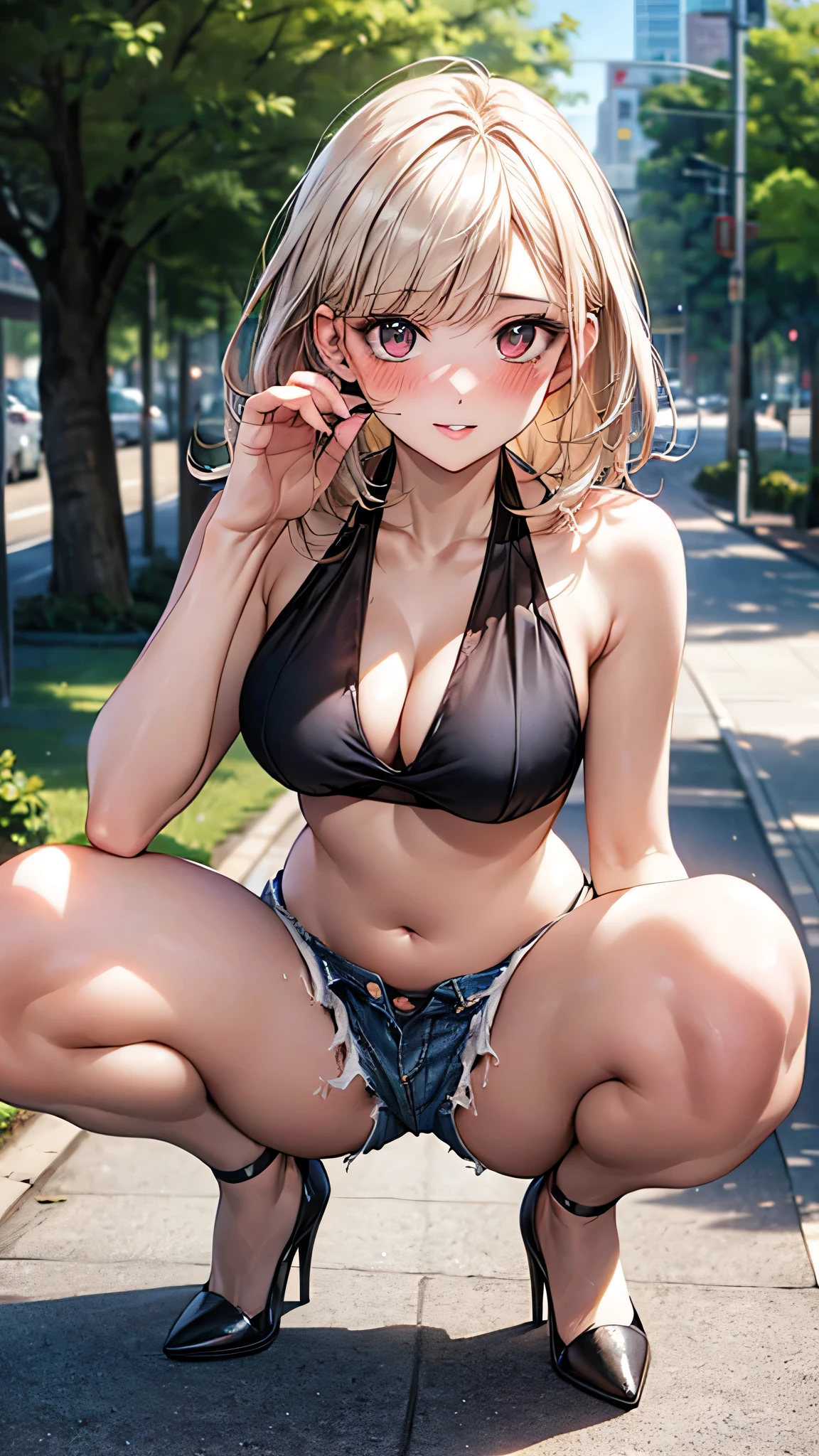 ((Highest quality, High resolution, masterpiece, detailed)),
Depth of written boundary, View your viewers, Anatomically correct, woman, Perfect Face, Cute and symmetrical face, Shiny skin,
(Medium Hair, Platinum Blonde Hair), Large Breasts,
The finest details, Beautiful Hair, Beautiful Face, Beautiful body, Beautiful breasts, Beautiful belly button, Waistline, Beautiful thighs, Beautiful feet,
(See-through halter top, Denim shorts, Black visible panties, Stiletto heels),
(Beautiful views), summer, Tree-lined street, (Embarrassed, blush, Part your lips), squat, (Sexy pose),