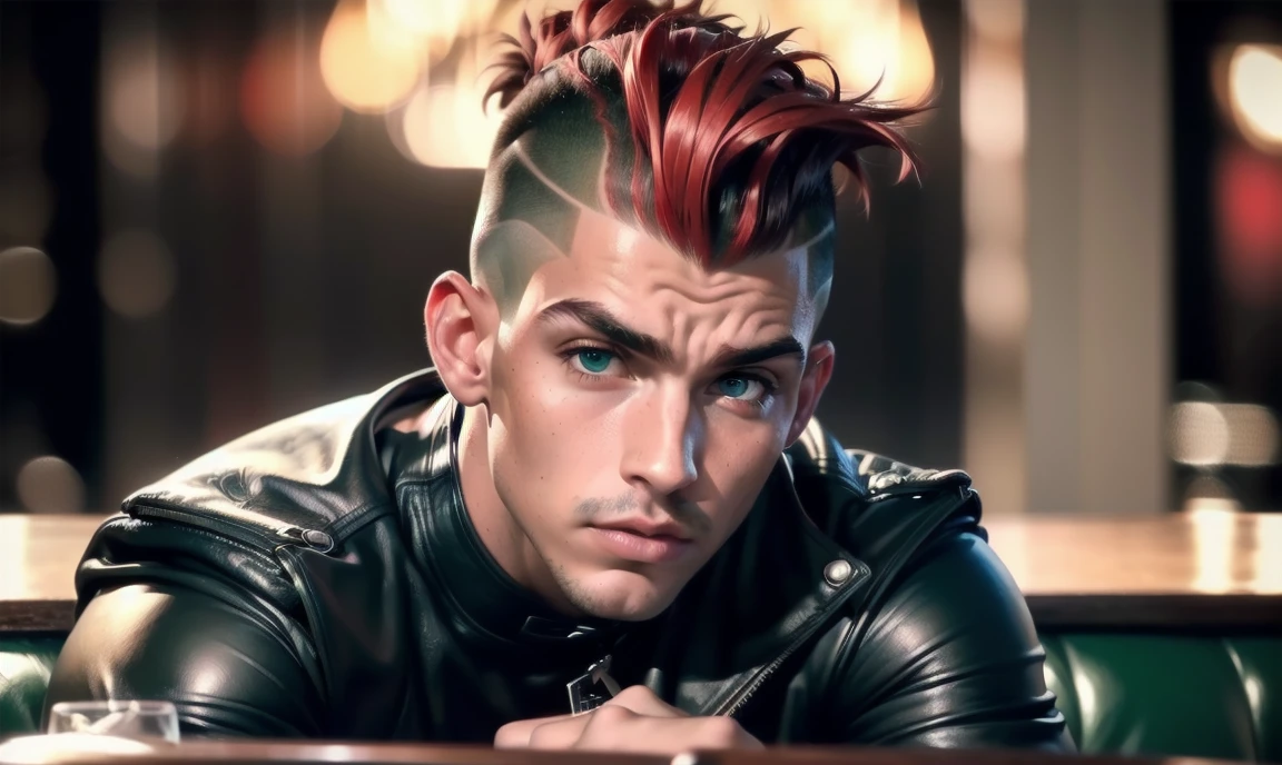 "((highly detailed, detailed eyes, detailed face, clear and realistic facial features, photorealistic, realistic light; cinematic, half-body)), (1 man), ((((fancy restaurant background)))), (((gorgeous athletic tough bully male))), (((20-year-old punk adult male))), (((uncomfortable expression))), ((tough pose)), ((blue-green eyes)), ((short black hair shaved sides)), (((dressed in black and leather))), ((red tint in hair))."