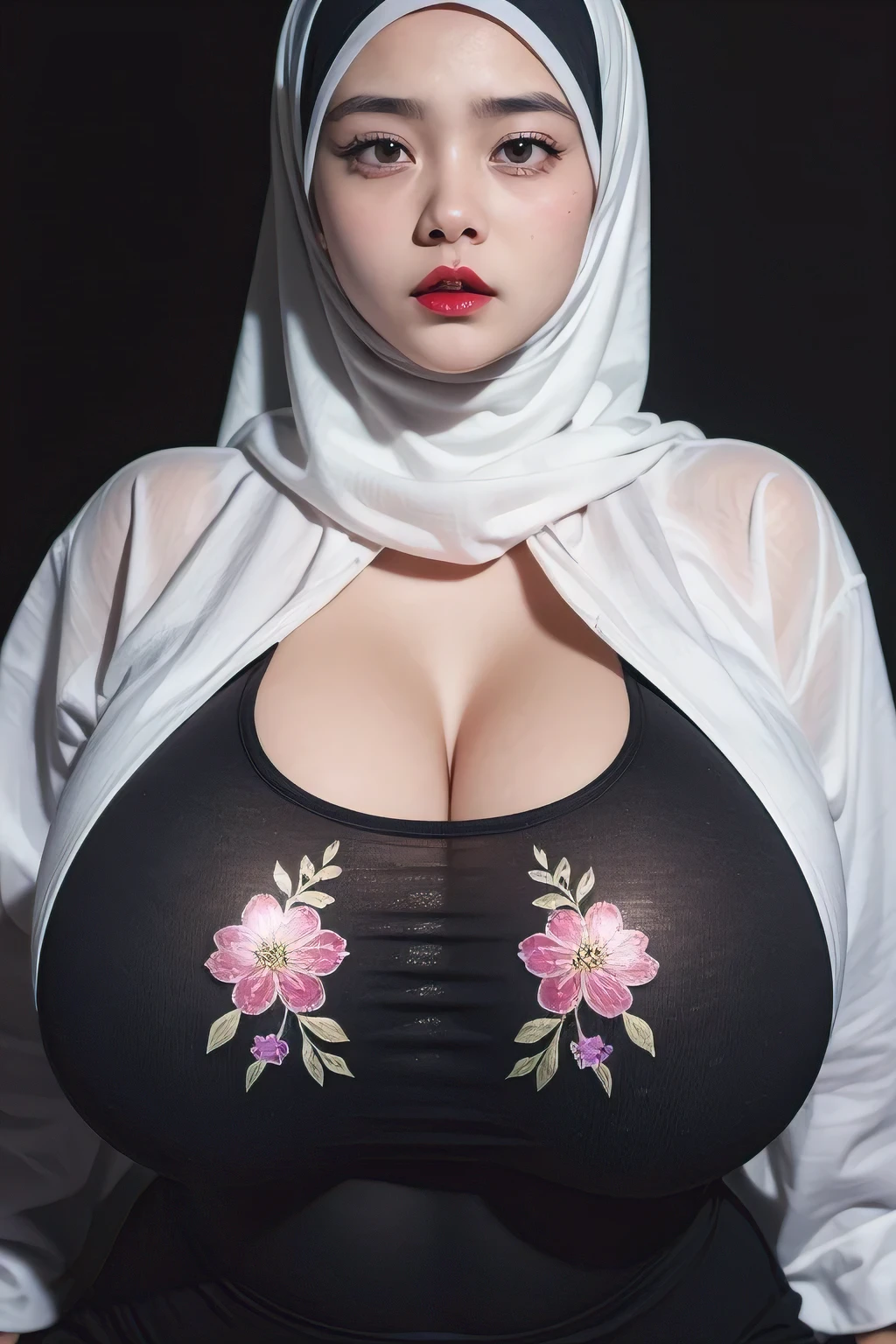 ((Red Lips)), Jumbo (Singlet), Chubby adorable, 1 girl, (face to face), , baby face, angry face expression, half body portrait, (face details: 1), (eye details: 1), ((big breasts)). wearing transparent transparency soft long shirt, hijab, .. Cute posed. proportional body. Ultra High Res. realistic: 1.4, UHD, ((flowers pattern)), ((Bigger:2.3)), (((DARK BACKGROUND)))