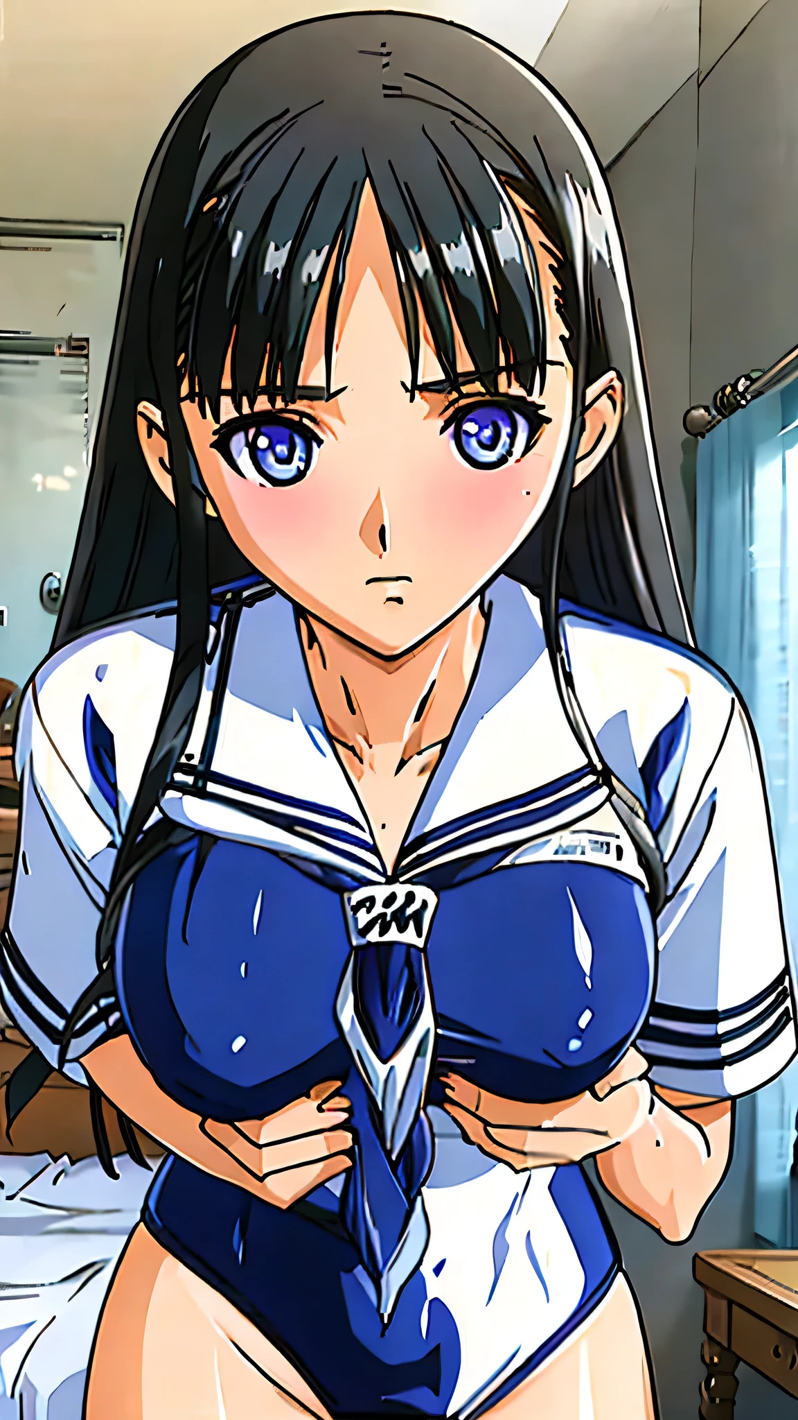 masterpiece,1Girl,Mizushima Morning,Blue Eyes,Black Hair,Embarrassed expression,front,First-person view,School Swimsuit,bedroom