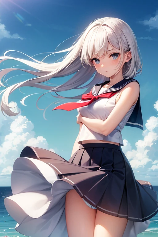 (master_piece, high_quality, beautiful, super delicate, absurdres:1.2), 1girl, mature, , beautiful face, ahoge, hair fluttering in the wind, white hair, blue eye, (sailor long dress suit, long skirt, The wind is blowing, Skirt flipped up, I can see your underwear, panty is shown, skirt that flipped in the wind, skirt billowing, I can see your underwear:1.2), port, (clear water, gemstone sea:1.2), Ship in the distance, The trails that planes make, blue sky, Sunshine, street in the distance,