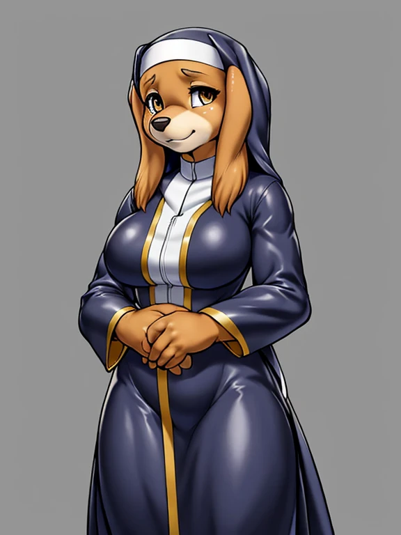 ((dog)), furry female anthro,HD,sharp,beautiful and detailed,woman ((anthro)),1girl,Milf, mature woman,(look at viewer) ,(perfect eyes),(Retriever),sad,brown skin,by dr comet,by pochincoff, by jlullaby,by kingbang,by obui,by ZeroQrisu,by sparrow,by gmeen,yellow eyes,standing,pirest outfit,Nun,liberty, dog, paw patrol,((simple background)),(gray background),