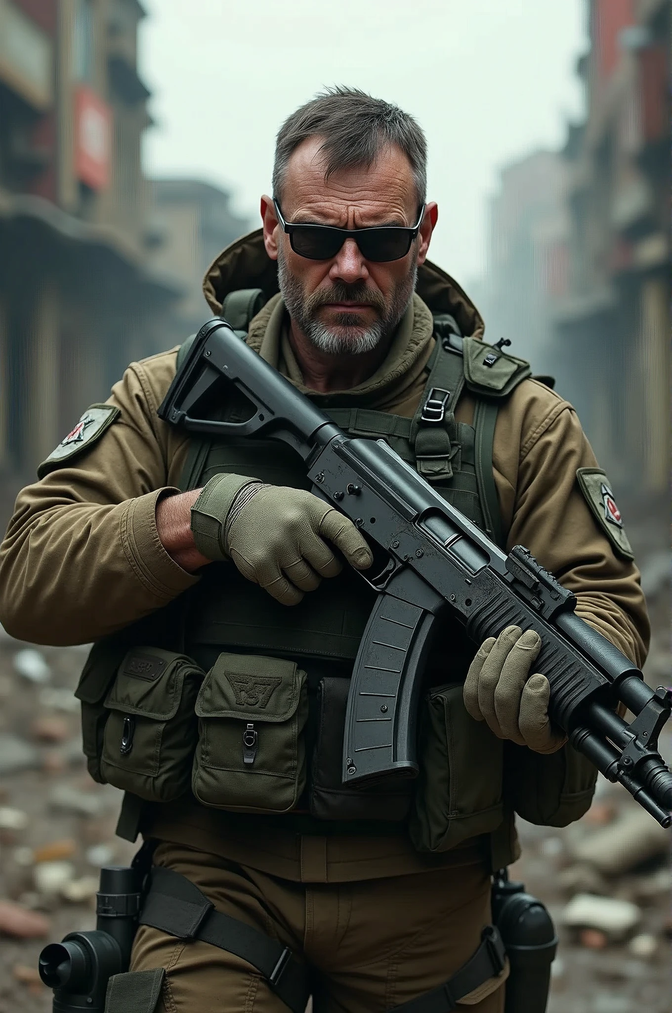 1man, russian, 40 years old, Character Design and Doomsday, Details, eyewear, detailed Skin, military uniform, bulletproof vest, gloves, Tactical masks, Holding an armed gun, AK47, aim action, (aim:1.2), Modified firearm, modify heavy firearms, ((destroyed town, apocalypses town,)