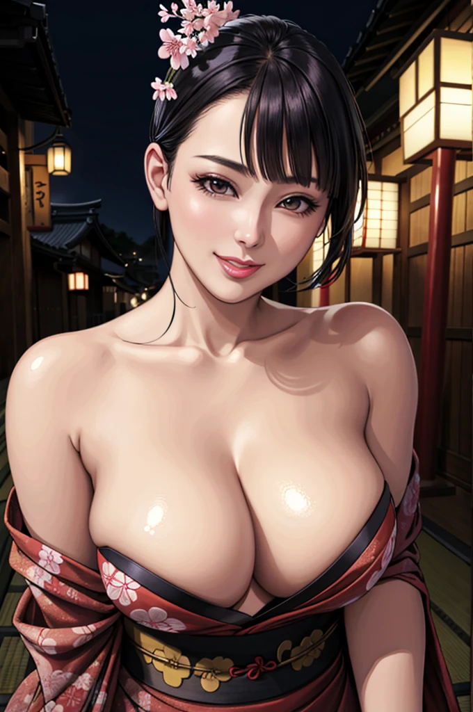 (Browsing Caution), (RAW Photos), (Realistic), (Photorealistic), Ultra-high resolution, masterpiece, Highest quality, Portraiture, facial Portraiture, Perfect lighting, Detailed lighting, Dramatic Shadows, Ray Tracing, Pure Eros Face_v1, Urzan-6500-v1.1, ((smile)), random sexy pose, cowboy shot, looking at viewer, ((wearing a sexy kimono)), ((in old Japanese street)), (((bare shoulders))), ((night)), ((background with SAKURA)), ((Japanese YAKUZA tattoo)),