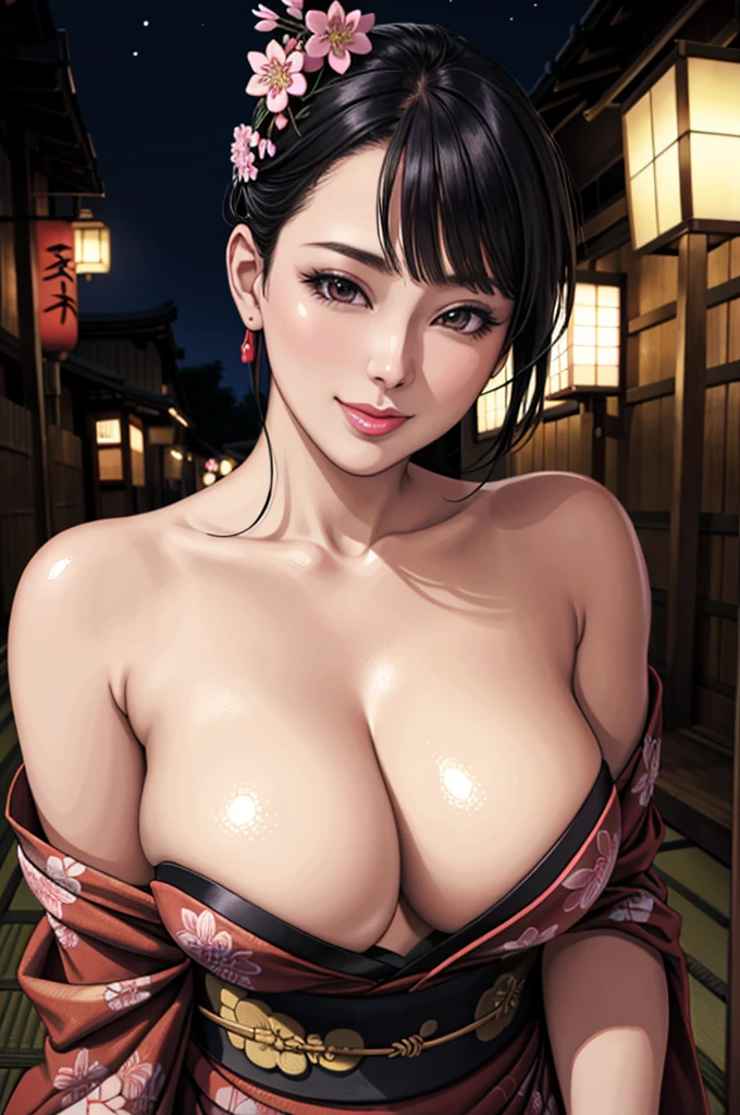 (Browsing Caution), (RAW Photos), (Realistic), (Photorealistic), Ultra-high resolution, masterpiece, Highest quality, Portraiture, facial Portraiture, Perfect lighting, Detailed lighting, Dramatic Shadows, Ray Tracing, Pure Eros Face_v1, Urzan-6500-v1.1, ((smile)), random sexy pose, cowboy shot, looking at viewer, ((wearing a sexy kimono)), ((in old Japanese street)), (((bare shoulders))), ((night)), ((background with SAKURA)), ((Japanese YAKUZA tattoo)),