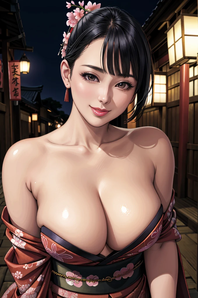 (Browsing Caution), (RAW Photos), (Realistic), (Photorealistic), Ultra-high resolution, masterpiece, Highest quality, Portraiture, facial Portraiture, Perfect lighting, Detailed lighting, Dramatic Shadows, Ray Tracing, Pure Eros Face_v1, Urzan-6500-v1.1, ((smile)), random y pose, cowboy shot, looking at viewer, ((wearing a seximono)), ((in old Japanese street)), (((bare shoulders))), ((night)), ((background with SAKURA)), ((Japanese YAKUZA tattoo)),