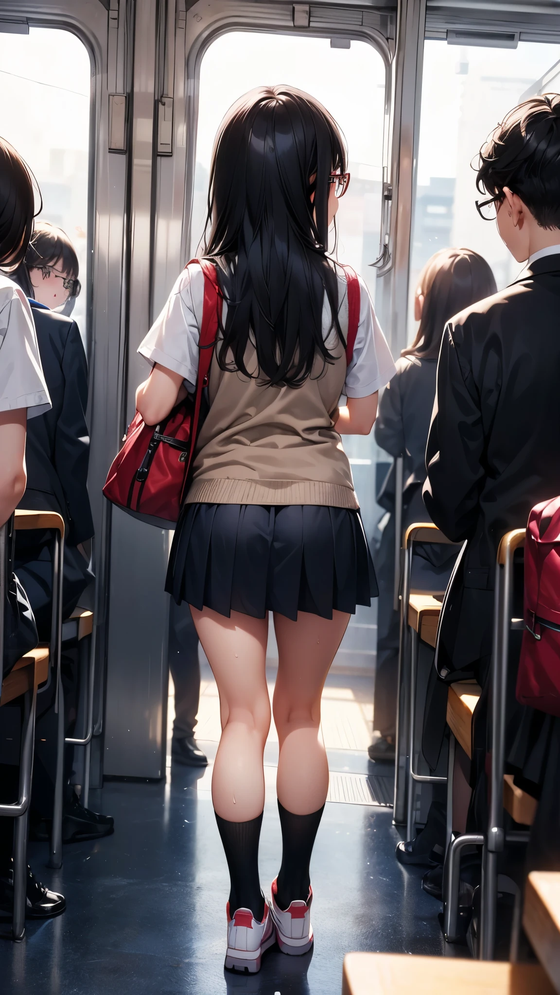 summer、In a crowded train、thick、Sweat、、high school girl、Student Bags、、Low length、、(((Long black hair:1.2 hair band)))(((Black-rimmed glasses:1.2 black eye)))、Strong sunlight、thicksummerの昼間、Bright sunlight、Look at this、Front view、Full Body Shot、Big Breasts、loose socks、Checked mini skirt、Navy knit vest、Are standing、A man whispers in my ear、sneakers、backstyle、Back view、Big Ass、turn around、