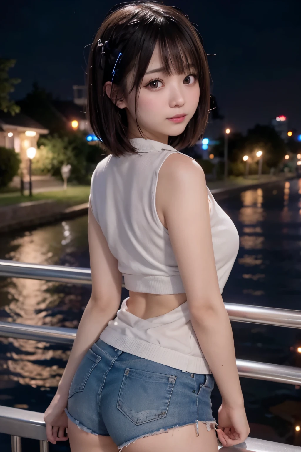 8K, RAW Photo, Best Quality, Masterpiece, Realistic, PhotoRealistic, Extremely Detailed 8K Wallpaper, Beautifully Detailed Eyes, Finely Detailed Face, 
 BREAK 
Cinematic Lighting, 
 BREAK 
1 Girl, ((s-bridge:1.4, sparkle:1.4, t-skytree:1.4, Night, cityscape)), 
 BREAK 
Perfectly Anatomically Correct, 5 Beautiful Thin Finger, 
 BREAK 
1 Girl, (Very Short Twin Tail Hair), 
Light Smiling, Ecstasy, 
Wearing Polo Shirt + Very Short Shorts, 
[Beautiful Spherical Shape Buttocks, Medium ASS Upturned, Upward Facing Small Breasts], 
[Japanese, Kawaii, Captivating Eye Reflections, Wide-Set Eyes, Very White Skinned, Blush, Embarrassed, 18-Year-Old, Brown Hair, Messy Hair, Wet Hair, Open Mouse Slightly, [Pouted Cheek]], 
(Looking Back Viewer), 
 BREAK 
SFW, 
 BREAK 
((Ground-Level Shot, Long Shot)), Soft Saturation, Soft Contrast, Bokeh:1.0