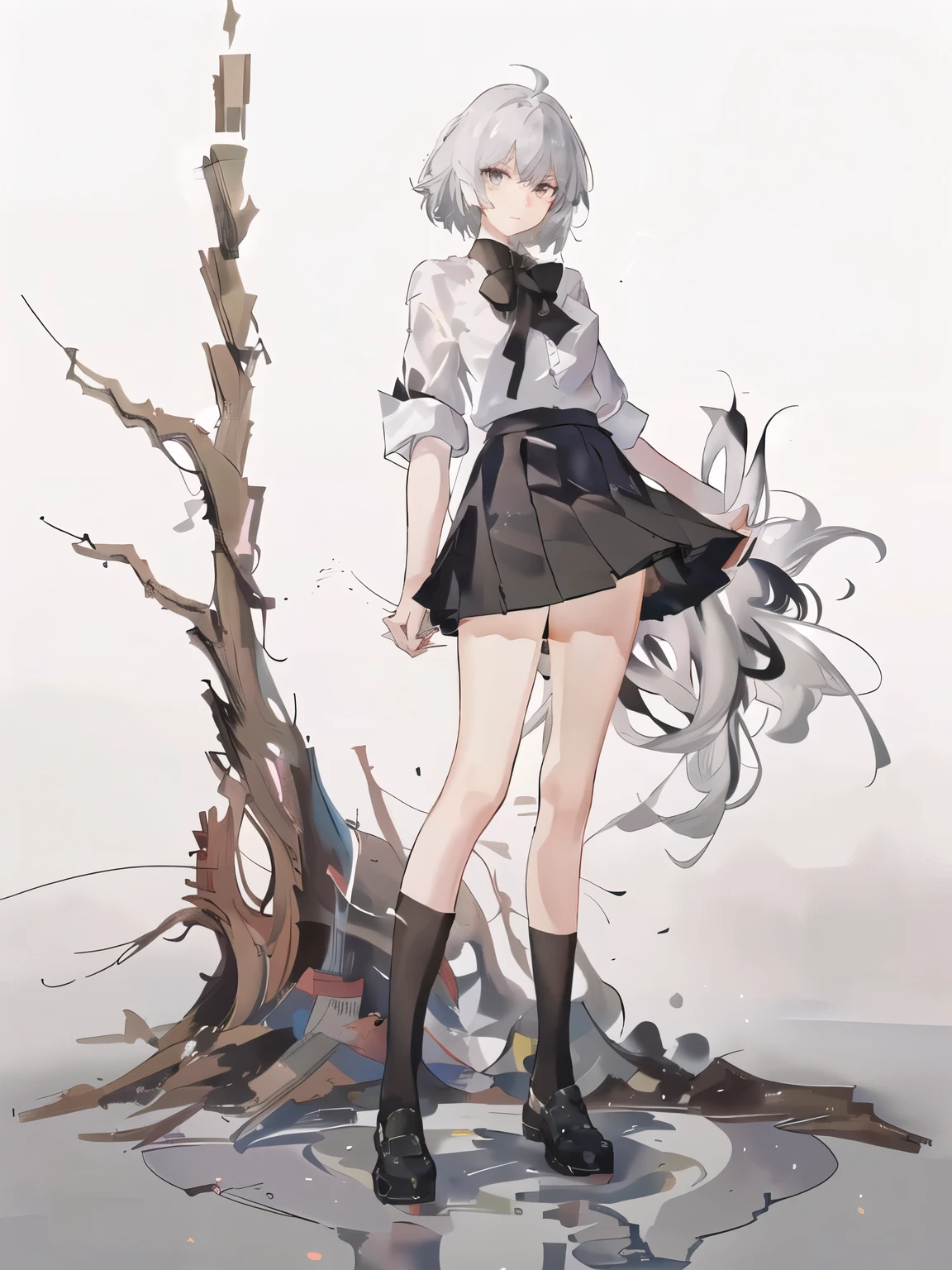 ((masterpiece, Highest quality)), (One girl), (alone), (Focus on women), (Ahoge, Gray Hair, short hair), Iris, ((White shirt), (Buttoned shirt)), ((Black Skirt), (Short skirt)), Are standing, White Background, Put your arms behind your back,