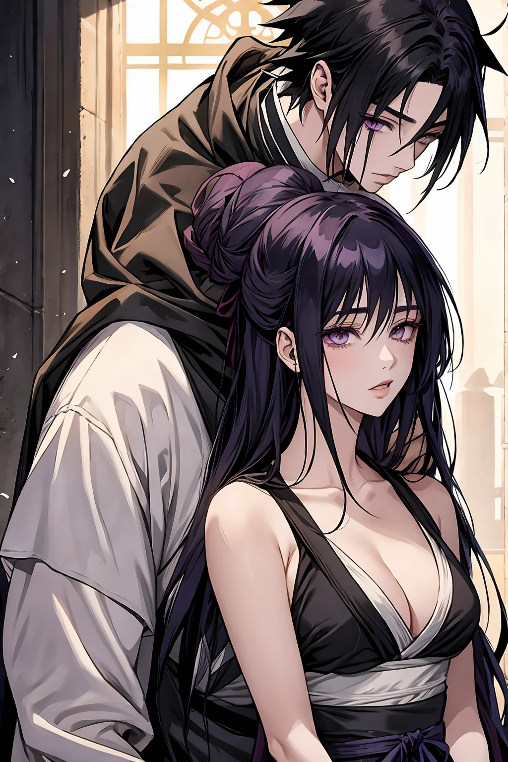 Medieval romantic novel cover of a warrior man and a slave woman, ((1 male, Sasuke Uchiha)), ((1 female, Hinata Hyuga))