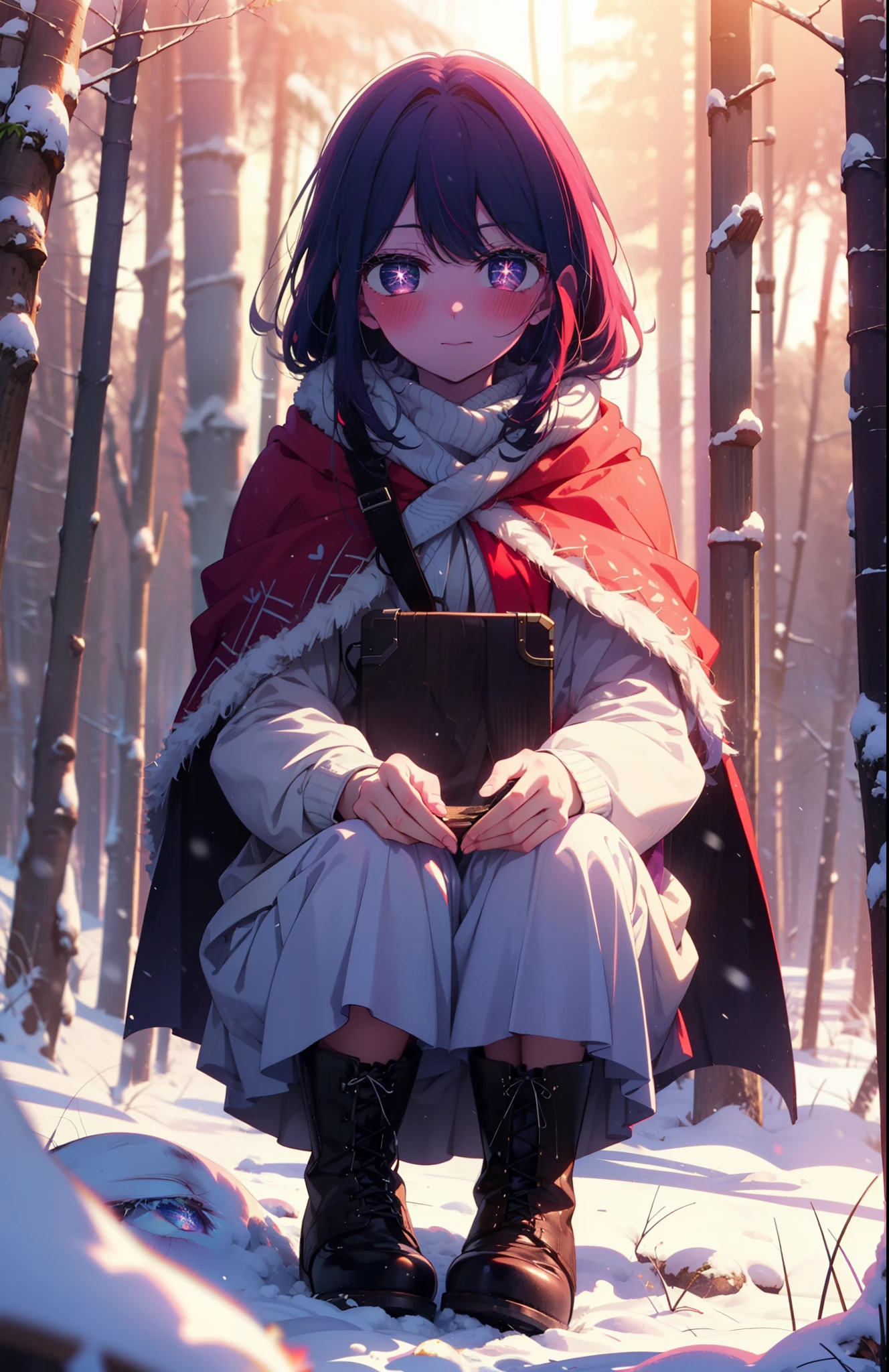 aihoshino, Ai Hoshino, Long Hair, bangs, (Purple eyes:1.1), Purple Hair, (Symbol-shaped pupil:1.5), smile,,smile,blush,white breath,
Open your mouth,snow,Ground bonfire, Outdoor, boots, snowing, From the side, wood, suitcase, Cape, Blurred, , forest, White handbag, nature,  Squat, Mouth closed, Cape, winter, Written boundary depth, Black shoes, red Cape break looking at viewer, Upper Body, whole body, break Outdoor, forest, nature, break (masterpiece:1.2), Highest quality, High resolution, unity 8k wallpaper, (shape:0.8), (Beautiful and beautiful eyes:1.6), Highly detailed face, Perfect lighting, Highly detailed CG, (Perfect hands, Perfect Anatomy),
