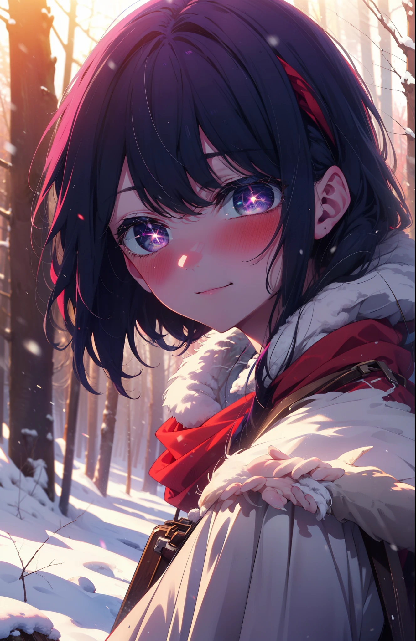 aihoshino, Ai Hoshino, Long Hair, bangs, (Purple eyes:1.1), Purple Hair, (Symbol-shaped pupil:1.5), smile,,smile,blush,white breath,
Open your mouth,snow,Ground bonfire, Outdoor, boots, snowing, From the side, wood, suitcase, Cape, Blurred, , forest, White handbag, nature,  Squat, Mouth closed, Cape, winter, Written boundary depth, Black shoes, red Cape break looking at viewer, Upper Body, whole body, break Outdoor, forest, nature, break (masterpiece:1.2), Highest quality, High resolution, unity 8k wallpaper, (shape:0.8), (Beautiful and beautiful eyes:1.6), Highly detailed face, Perfect lighting, Highly detailed CG, (Perfect hands, Perfect Anatomy),