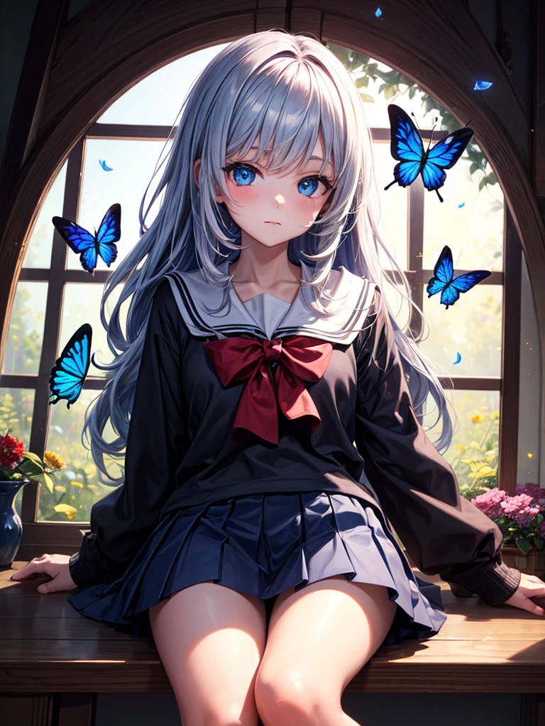 schoolgirl,witch,witchの帽子,Blue colored eyes、butterfly、flower,Short skirt,magic,Particle FX,The light from the window behind is backlit.,sat on the ground、Colored Glass、Complementary Color,Complex background,Best Quality,8k,Masterpiece: Faces are the focus