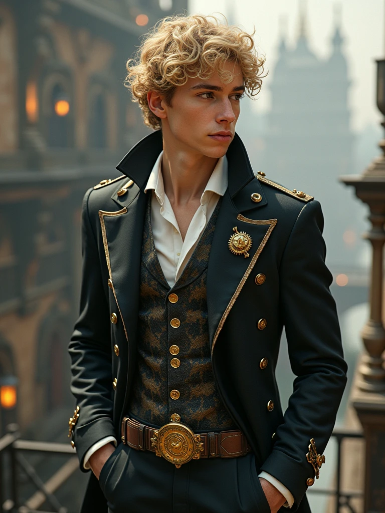 a little boy that is standing on a ledge, in detailed steampunk dress, blond curly hair, john stephens, cinematic image, realistic face and body hybrid, he is about 20 years old, plutocracy, dapper