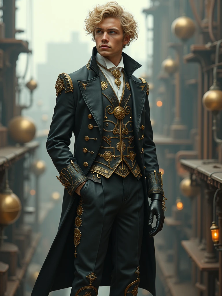 a that is standing on a ledge, in detailed steampunk dress, blond curly hair, john stephens, cinematic image, realistic face and body hybrid, he is about 20 years old, plutocracy, dapper