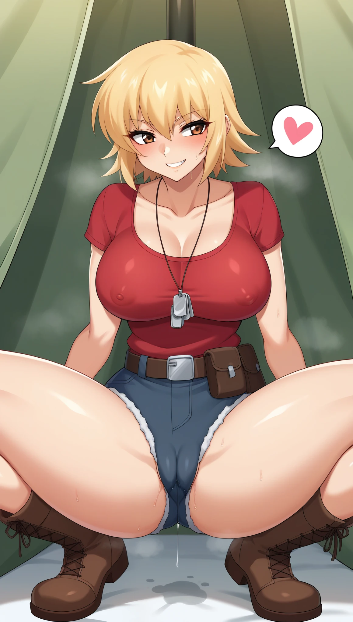 score_9, score_8_up, score_7_up, score_6_up, in tent,
BREAK
ExpressiveH, souce_explicit, souce_anime,
BREAK
1girl,1girl, cagalli, blonde hair, short hair, brown eyes, elect nipple, large breasts, seductive, smile, spoken heart, 
red shirt, grey hotpants, belt, dog tags, gloves, boots, 
tall, leggy, shiny skin, heavy breathing, wide hips, tight waist, thick thighs, steaming body,
,, cameltoe, pussy juice,
, ,
,
, ,
,,, ,
 spread legs, looking side,
,