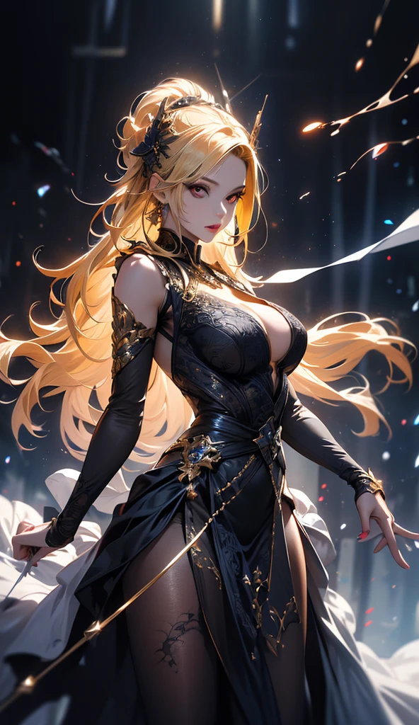 masterpiece, high quality, 4K, Beautiful design, silhouette,blonde, Highly detailed and amazing starry sky, Finer details, Very knowledgeable woman, Highly detailed solo, 1 female,Red eyes,Big Breasts,Tight Dress,