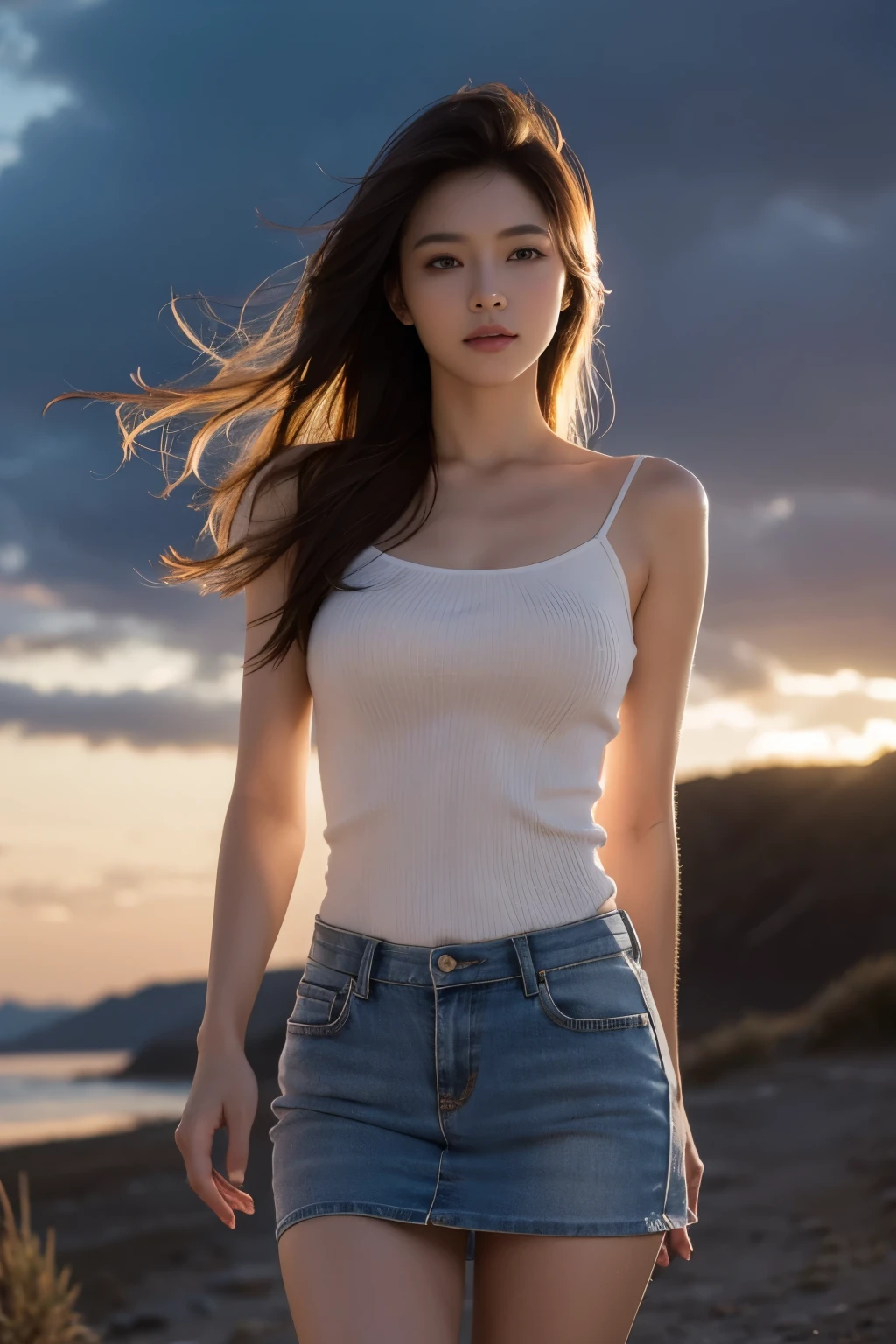 ((cowboy shot)), ((Short hemlines, sexy long legs)), ((Elegant and charming posture, random view shots)), realistic detailed photo of a giant breasted girl with exposed shoulders, detailed fingers, high quality skin, red eyes, alone in a winter scene with clouds, wind, and flowing hair, (best quality,4k,8k,highres,masterpiece:1.2),ultra-detailed,(realistic,photorealistic,photo-realistic:1.37),studio lighting,vivid colors