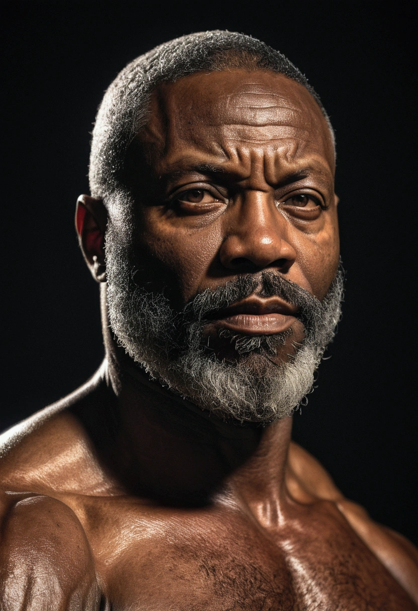 a muscular middle-aged black man with a beard, hyper-realistic, completely nude, ultra-detailed, hyper-realistic skin texture, striking facial features, intense gaze, dramatic lighting, chiaroscuro, cinematic composition, dark moody colors, dramatic shadows, photorealistic