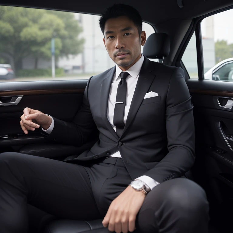 50 years old,One Man,Black Suit,Inside the car、squat、Tall dark-skinned man、Dark Asian face,muscle,Gay ,7:3 parting / all back,Stubble、Sitting with legs open、The crotch area is bulging、Stubble,Asian man&#39;s face,Hermes Belt。Black socks、View from the front