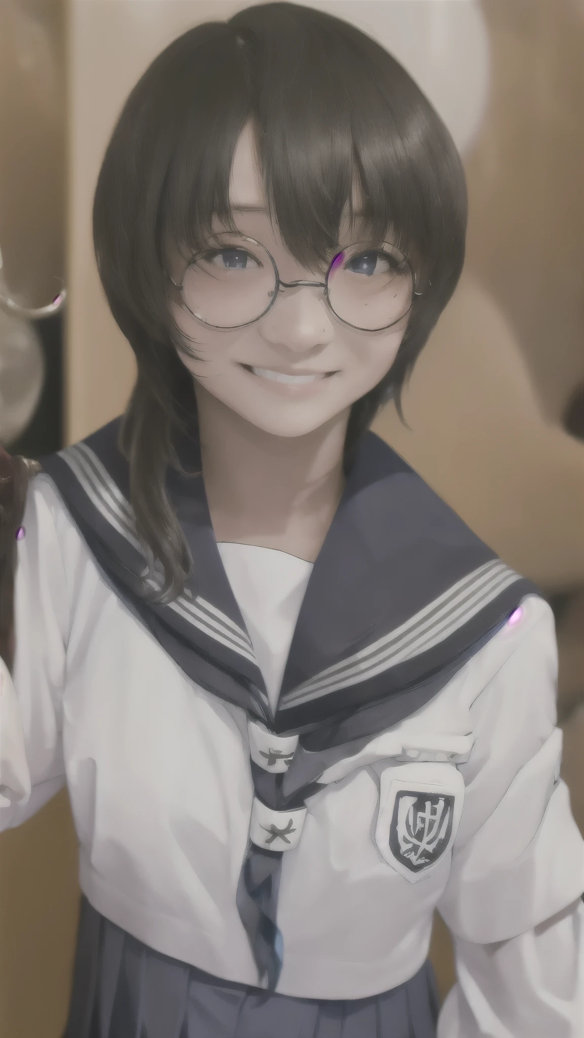 One girl、uniform、Glasses、smile、Close-up of face、Highest quality、Masterpiece、Upper Body、Shooting with a wide-angle lens、solo