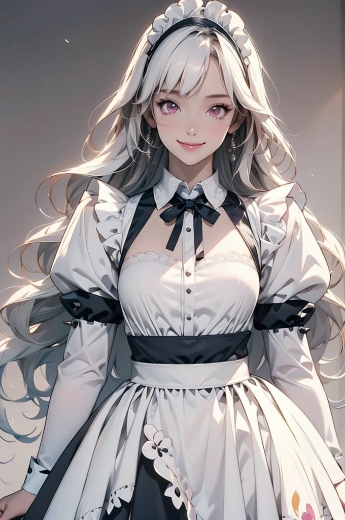 high resolution,smile,happy,light smile,woman,woman1人,adult,Clear,cute, blunt bangs,White Hair,BREAK, Pink eyes,BREAK,wavy hair,long hair,BREAK, ((looking at viewer)), Maid clothes,White apron,Black long sleeve blouse,Black long skirt,White Stockings,Frill headband,BREAK,Facing forward,BREAK,Pink background, BREAK,
