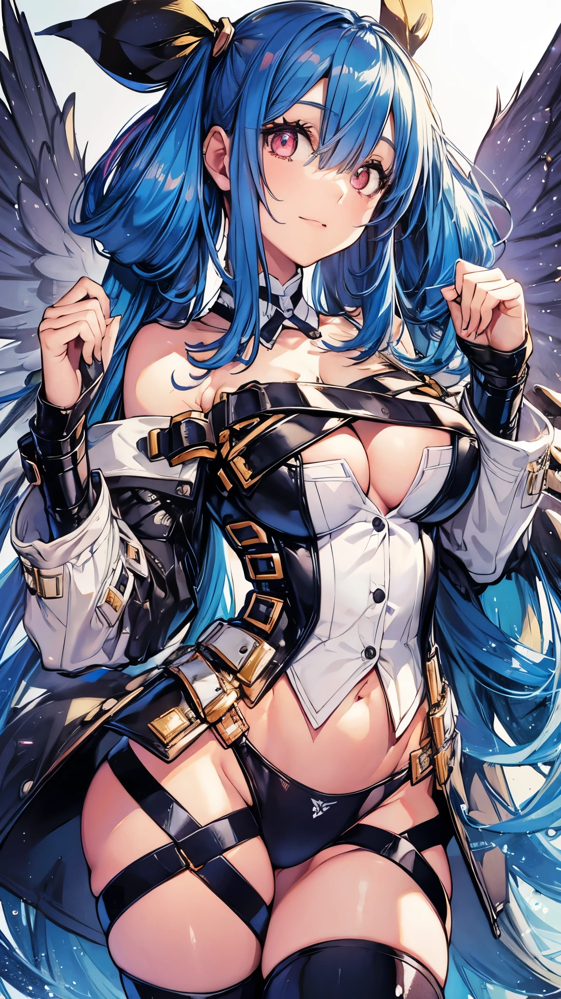 ggdizzy,hair ribbon,detached sleeves,underwear,black bikini,thighhighs,thigh strap,choker,belt,asymmetrical wings,tail,tail ornament,bare shoulders,navel,cleavage,large breasts,cameltoe,blue hair,long hair,smile,masterpiece,Noise Reduction,perfect anatomy,high resolution, ultra-detailed, ultra-detailed face,game cg,dutch angle ,beautiful detailed eyes,visualart,five fingers, perfect hands, perfect lighting, sparkling pupils,