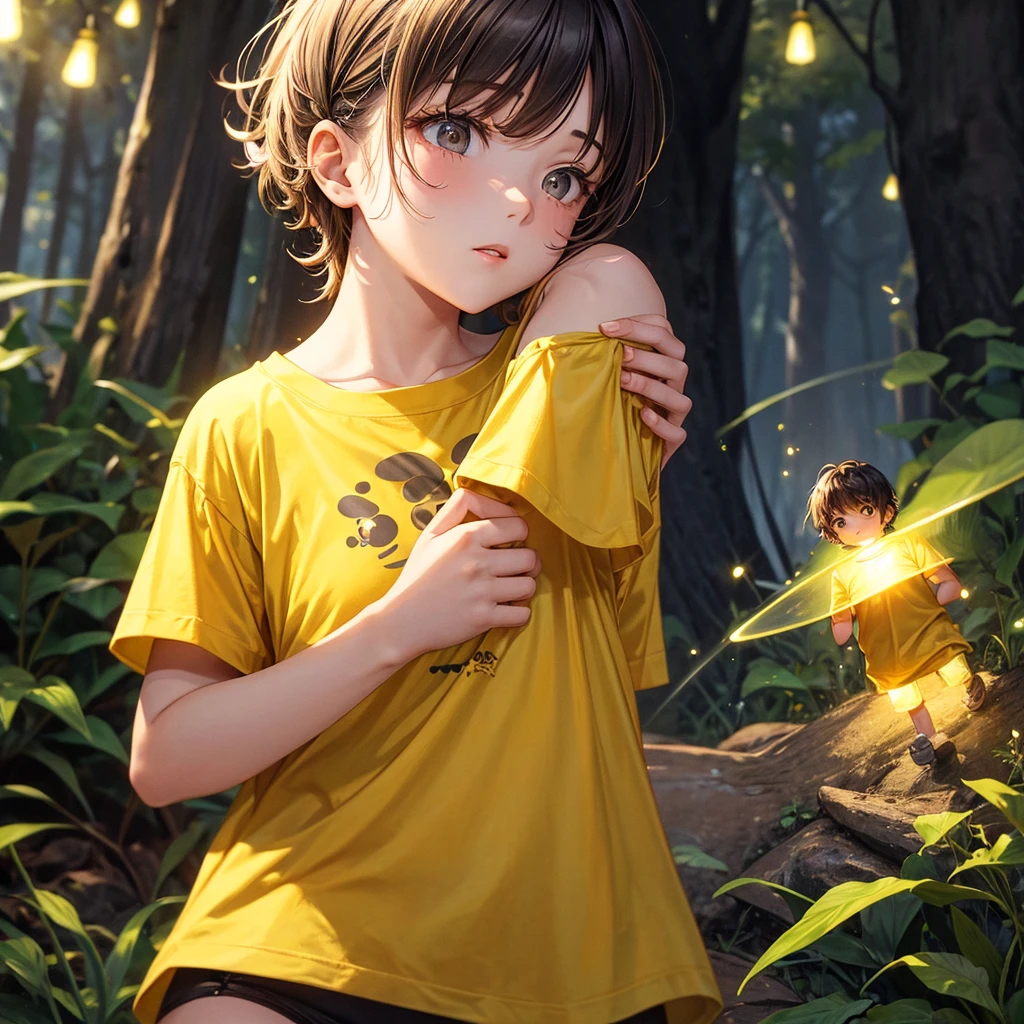 Girl and boy wearing summer tshirt , forest yellow dark, medium shot, yellow firefly effect, girl pov