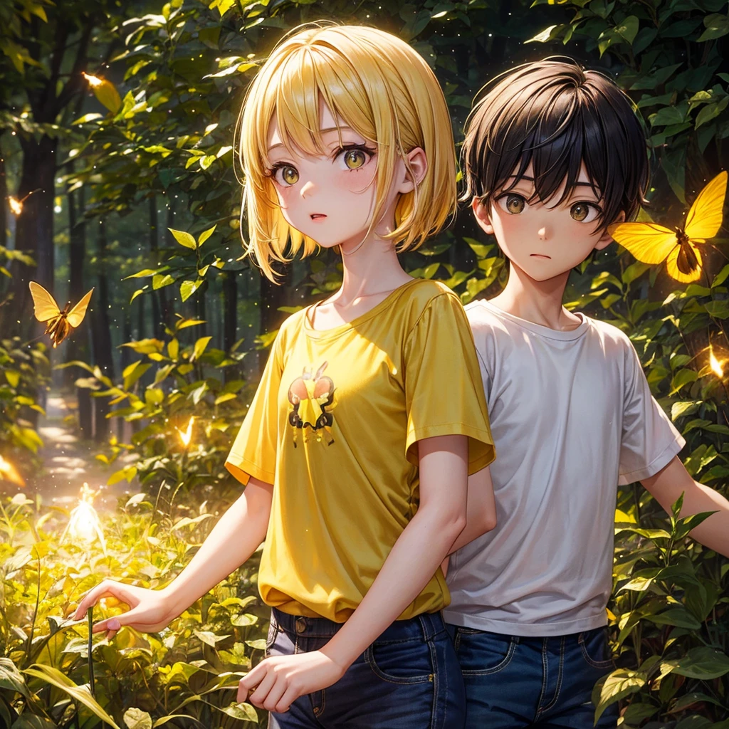 Girl and boy wearing summer tshirt , forest yellow dark, medium shot, yellow firefly effect, girl pov