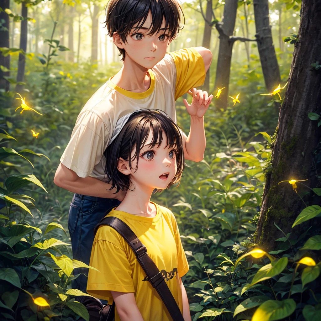 Girl and boy wearing summer tshirt , forest yellow dark, medium shot, yellow firefly effect, girl pov