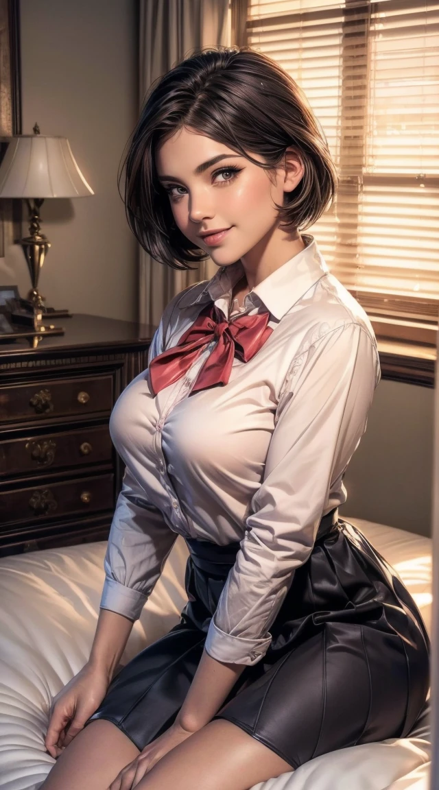 (8k, RAW Photos, Highest quality, Master:1.2), (Realistic, photo-Realistic:1.37), Very detailed, 1 girl, cute, alone, Beautifully detailed skies, Detailed face, night, Sitting, date, (blush), (smile: 1.1), (shut up), Big Breasts, Beautiful and delicate eyes, The button is off, (Collared shirt: 1.1), bow tie, Pleated skirt, (short hair: 1.2), Flowing Hair, Long eyelashes, eye shadow, Small face, Big eyes, Full Body Shot, Expose your shoulders, indoor, bed