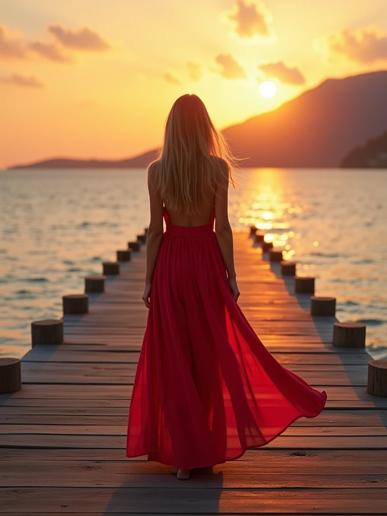 Masterpiece,Top Quality,Photorealistic,Wooden pier jutting into the sea,One beautiful young woman,Standing at the end of the pier,Back view,Long hair,Straight hair,Long red dress,Skirt swaying in the wind,Beautiful sea,Mountains in the distance,Summer sunset,Sunset over the mountains.