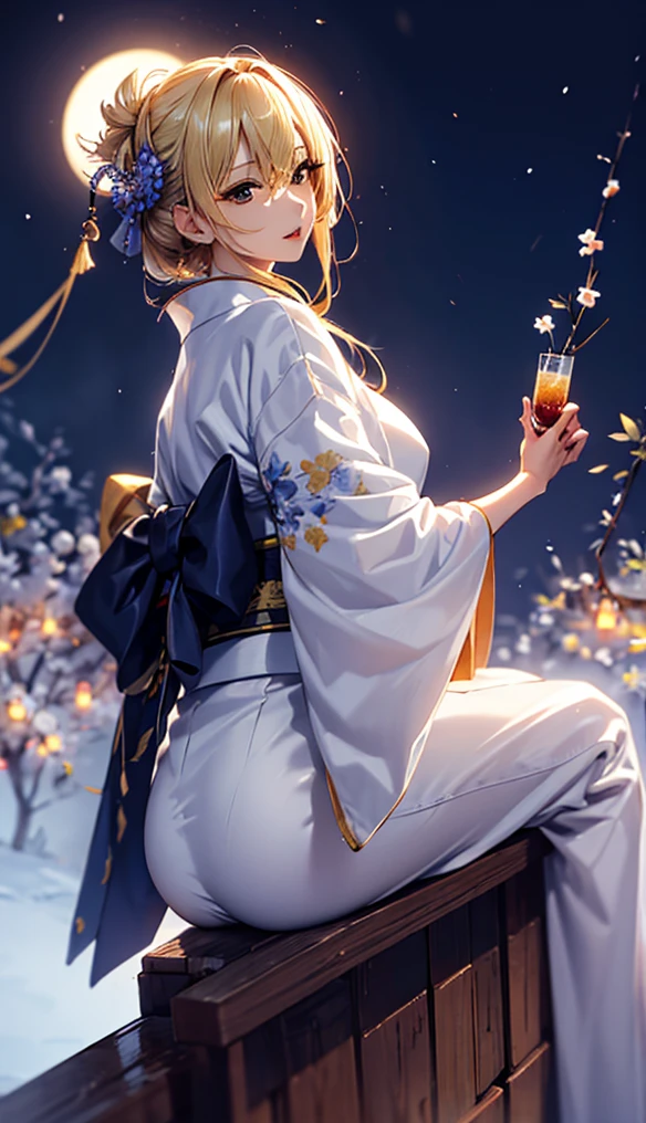 masterpiece, high quality, 4K, Beautiful design, silhouette,blonde, 非常に詳細な夜のStarry Sky,Flower Field, wonderful, Finer details, Very knowledgeable woman, Highly detailed solo, 1 female,Big Breasts,Butt Emphasis,Yukata in white color,Night view,Starry Sky,full moon,How to sit,Tsukimi sake,Evening drinks,