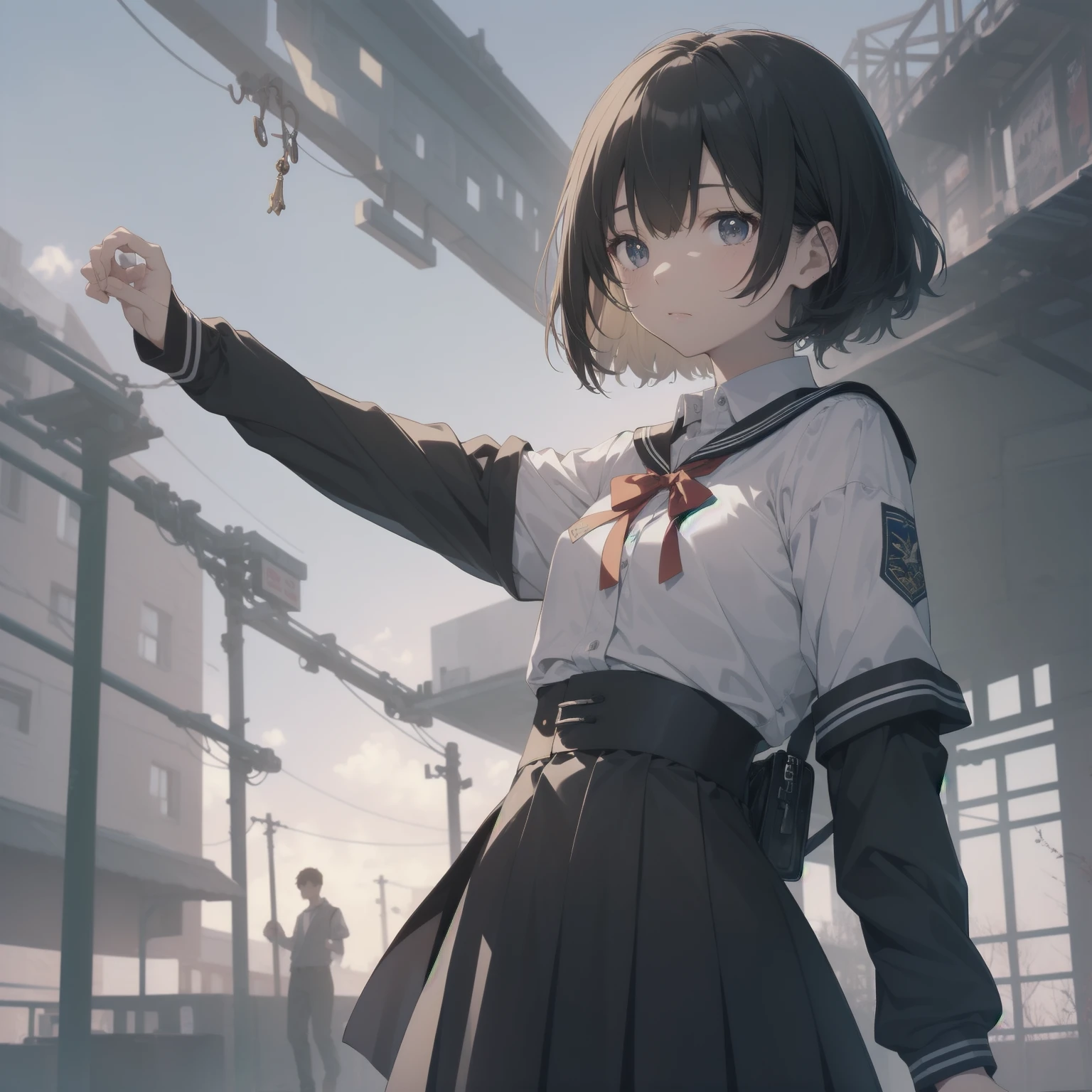 ultra-absurdres-Top quality by artist God, ultra-detailed, high resolution, anime moe artstyle, best anime 8k konachan wallpaper, pixiv contest winner, pool:2810, perfect anatomy,break, 1girl, (Please draw a girl walking sleepily to school alone. )break,(Solo,little female, :1.3),Full limbs, complete fingers,a junior high school student, (very short hair), short cut, flat chest, , small butt, smallck eyes, beautiful detailed eyes, well-proportioned iris and pupils, expressive eyes, highres detailed hair, soft expression, salor school_uniform, sailor collar, serahuku, bow, pleated skirt,(Detailed Lighting), (Detailed background), in the School commute route. break,super detailed skin, Best cinematic lighting powered by famous artist, 8k,beauty illustration,photoshop_(medium),very aesthetic,break,((artist:yd_(orange_maru) )), artist:clamp ,artist:carnelian ,artist:kantoku ,
