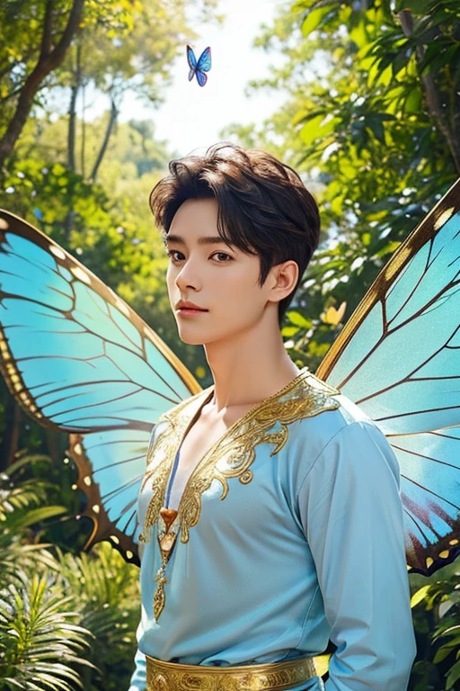 Photo portrait of the highest quality, cute male fairy with blue and gold details, big wings, whole body, forest in the background, bright flowers and large beautiful butterflies, soft, gentle, symmetrical colors, male face, Masterpiece, whole body