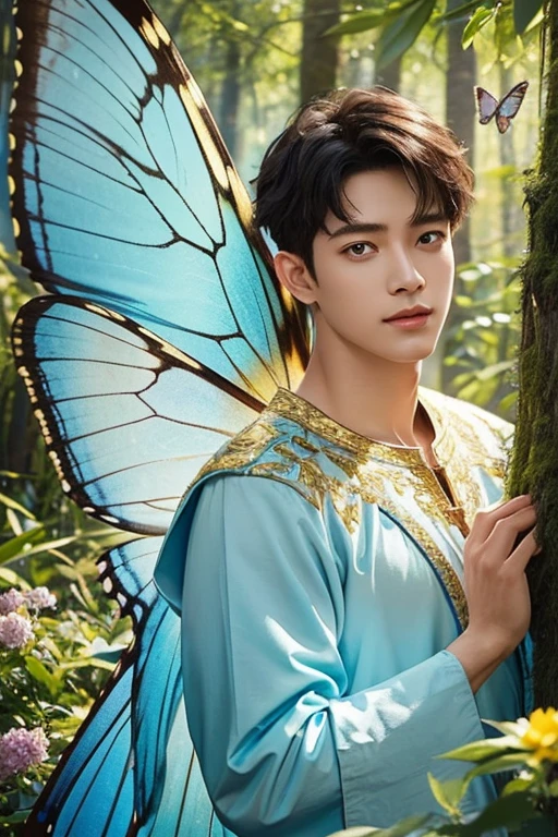 Photo portrait of the highest quality, cute male fairy with blue and gold details, big wings, whole body, forest in the background, bright flowers and large beautiful butterflies, soft, gentle, symmetrical colors, male face, Masterpiece, whole body 