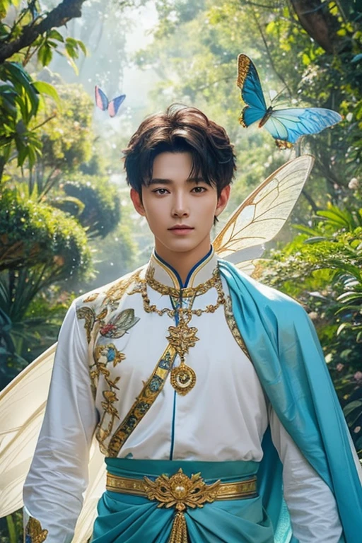 Photo portrait of the highest quality, cute male fairy with blue and gold details, big wings, whole body, forest in the background, bright flowers and large beautiful butterflies, soft, gentle, symmetrical colors, male face, Masterpiece, whole body