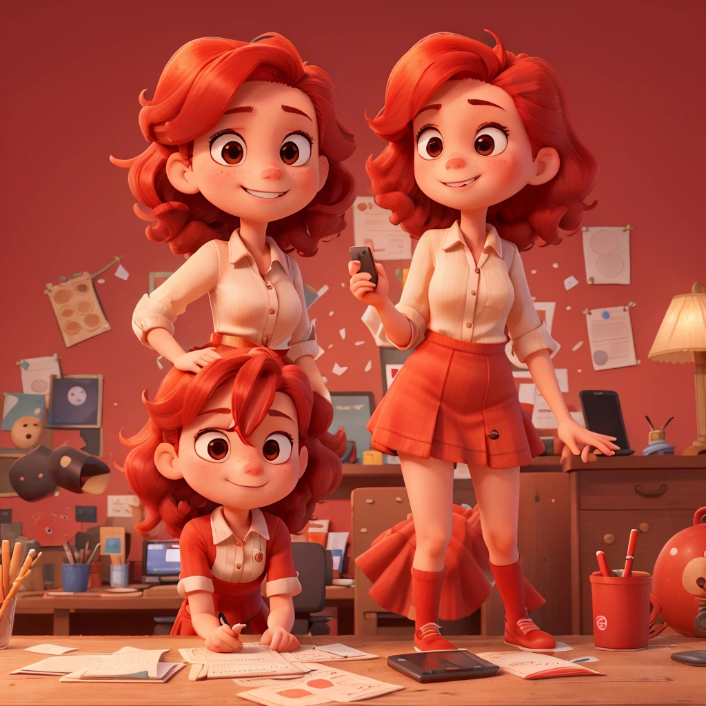 women, redhead, Red dress, doubtful, thinking, Free hands, happy working networks, Red background, , mini skirt, camars, phones in hand, desk, money, Currency