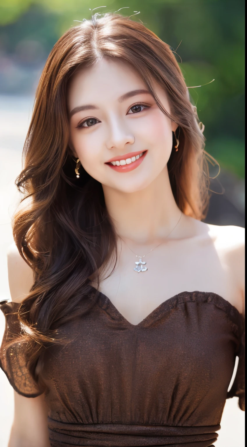 (Highest quality, 8k, masterpiece: 1.3), Beautiful woman with perfect figure: 1.2, Dark brown hair, Wear a pendant, Off the shoulder、Elegant long dress、(A very loving smile:1.2)、 Highly detailed face and skin, Beautiful Eyes, double eyelid, ((Full Body Shot:1.3))、