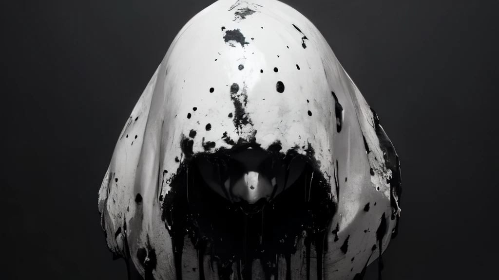 bs, solo, simple background, monochrome, upper body, greyscale, bodysuit, black background, 1other, monster, arms at sides, horror (theme), a girl, her jaw is broken, blooded