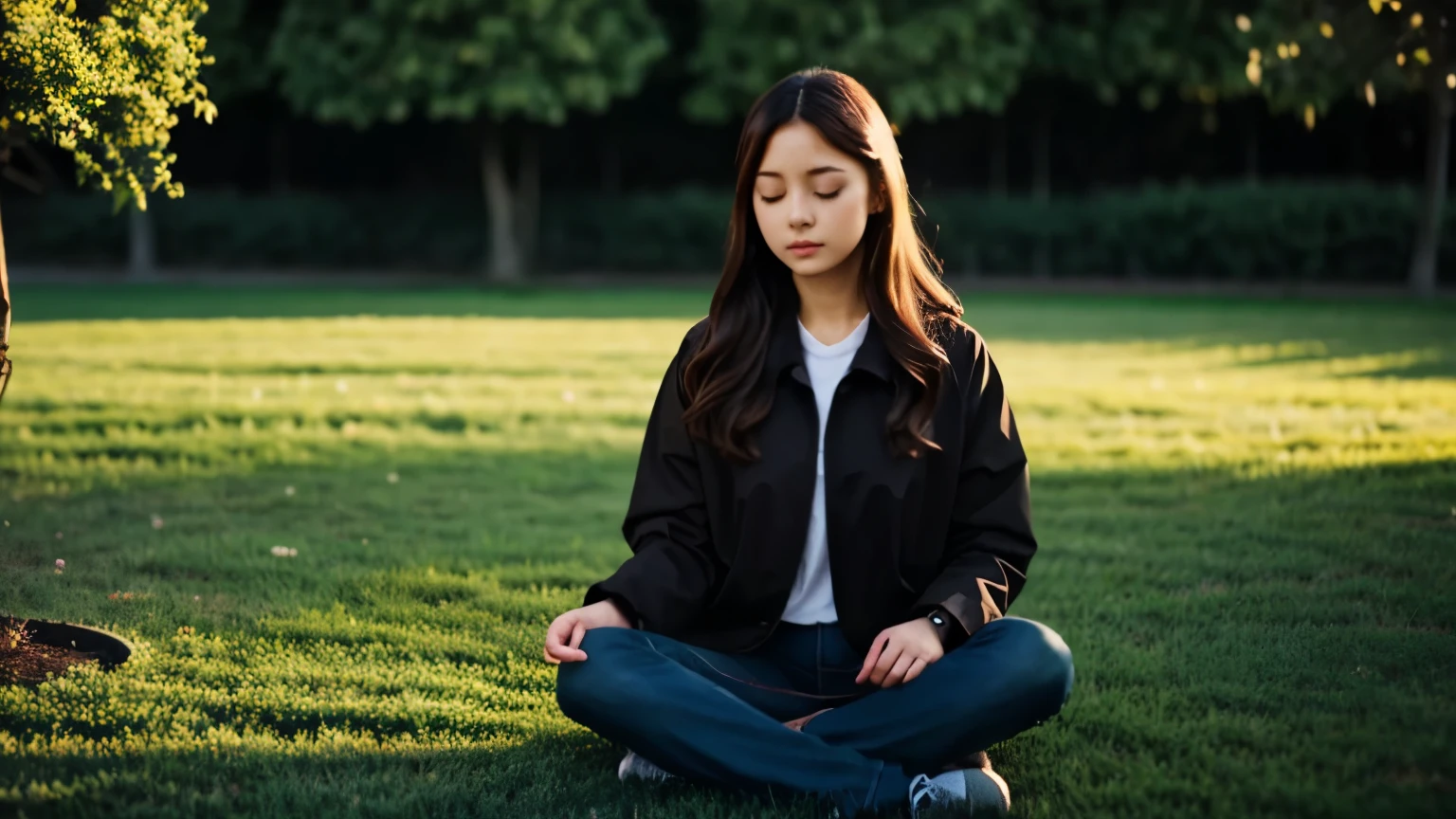 girl listening ASMR music, she feel the music, meditation position, in flower garden, lighting,
