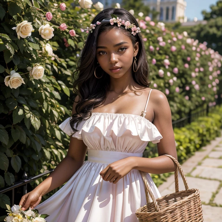 (masterpiece, best quality:1.5), highest quality, High resolution, super detailed, Realists, Upper body photo of an 18 year old black flower girl, dark skin, detailed and beautiful eyes, beautiful detailed lips, very detailed eyes and face, longeyelashes, 18-year-old woman in a pink short dress with a white bow made of shiny satin fabric, Beautiful and colorful makeup, elegant and noble々Pose,shiny satin headband, grind, Holding flowers, Gardens as background, soft daylight, bright colors, fine brushstrokes, Portrait style, Noble details in the dress fabric, beautiful color palette, glowing skin, First-class rendering, that captures every detail, enchanting atmosphere, subtle shadows and lights, (perfect anatomy:1.2), (The two stunning 18-year-old flower girls carry baskets of rose petals. (magnificent panorama view:1.2)