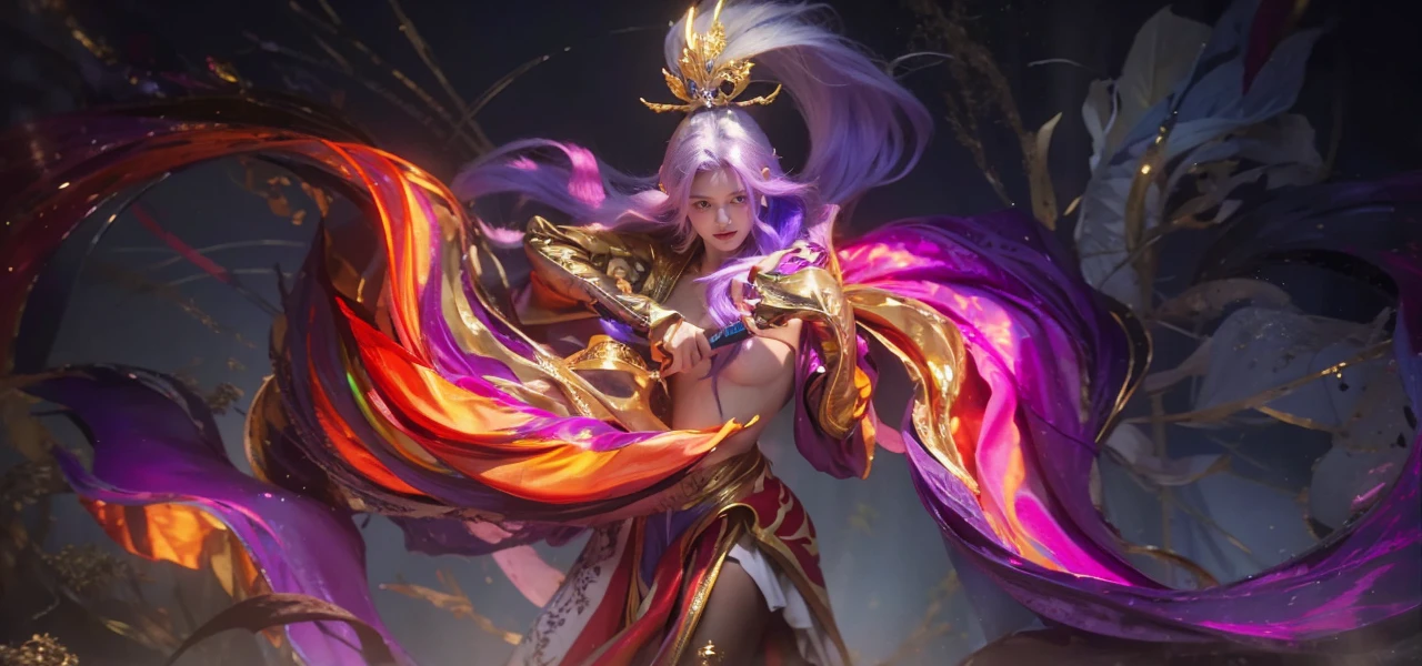 8k, highly detailed, photo realistic, close-up shot of a beautiful woman with purple hair and gold clothes, blue eyes, smiling