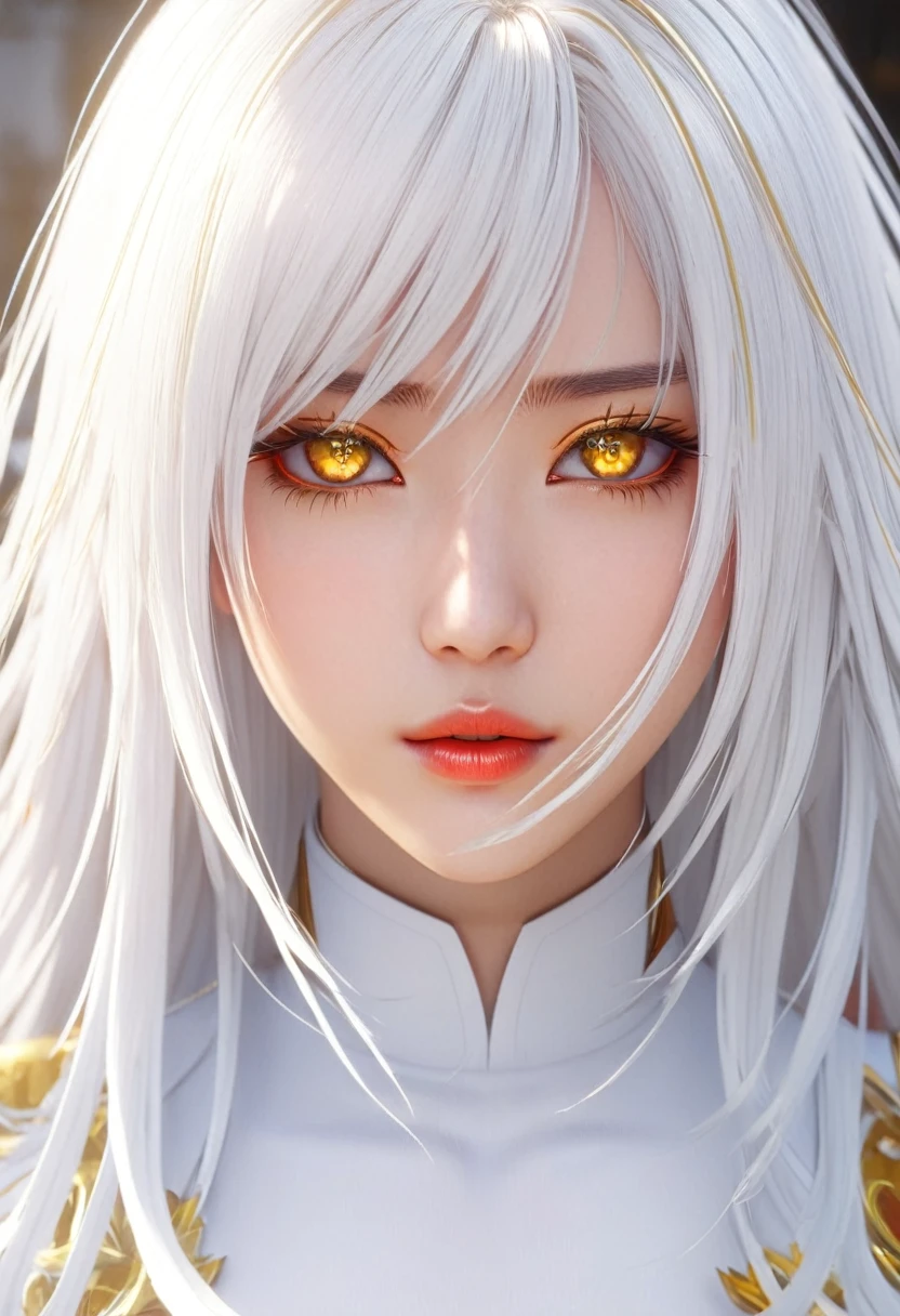 ((Masterpiece)) ((best quality)) ((ultra-detailed )) ((ultra sharp)) ((4k)).Anime girl with white hair and golden eyes with an aesthetic build.