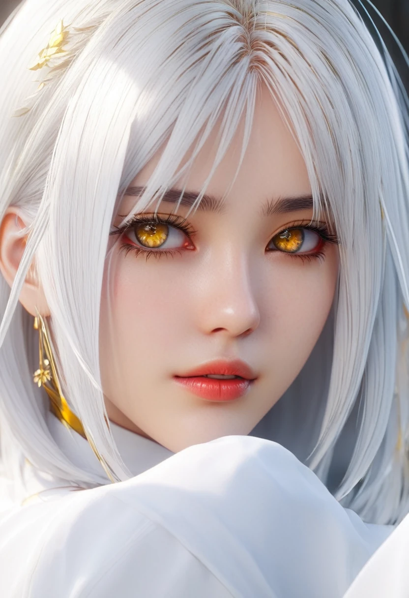 ((Masterpiece)) ((best quality)) ((ultra-detailed )) ((ultra sharp)) ((4k)).Anime girl with white hair and golden eyes with an aesthetic build. 