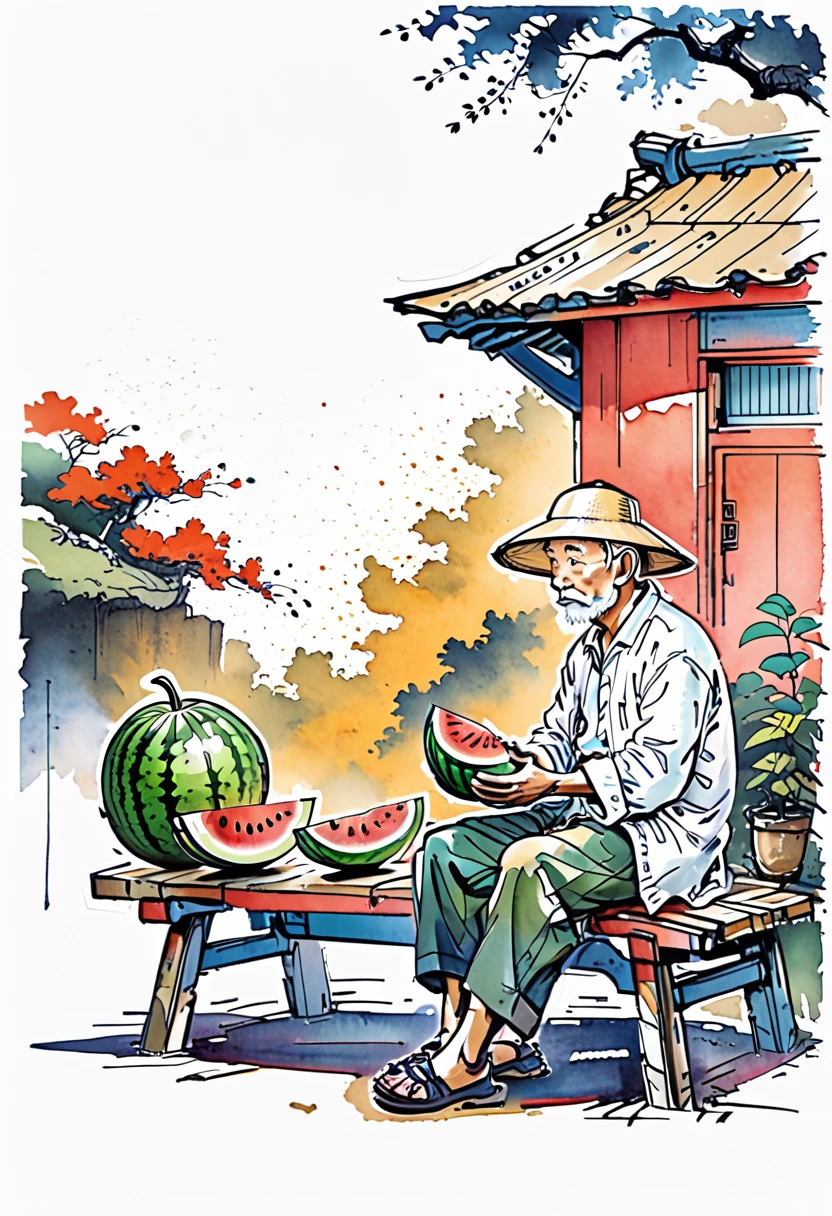 Cartoon Chinese style,An old man wearing a straw hat sits under a thatched hut eating watermelon,and next to an orange cat sits beside him,Features of the comic style,rough drawing,colorful cartoon illustrations,Simple lines,flat coloring,and Chinese-style cartoon characters,flat painting style,lots of white space,clean solid color background,minimalist background,a small amount of content,huge void,mostly empty,very little percentage,a very small proportion,very small content,very large empty space,breathable space, Artistic ink painting,Three-dimensional ink painting,Minimalist graphics,Minimal Art,Clean background,ancient white space,White Space,large white space,Texture Matte,Low saturation,Minimalist composition,Master composition,A person far away,cantered,white background,negative space,simple tattoo,line art,simple drawing,landscape,stylized,(((Lots of white space:1.5))),(Lots of white space:1.6),simple,Minimalism,abstract,Freehand,Aesthetic,unsaturated picture,asymmetric picture,a small object in a vast empty space,minimalist scene with a tiny subject in the center,centered small subject with large white space around it,(((small focal point))),(((minimal objects))),(((tiny subject))),no detailed backgrounds,(((empty space))),simple composition,avoiding clutter,no large elements,(((minimalist))),lack of intricate details,wide empty space,sparse,dominant blank space,simple scene,(((less busy))),(((without detailed objects))),(((no complex backgrounds))),