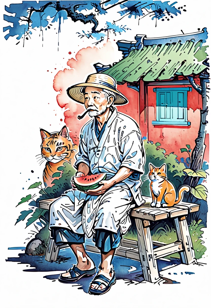 Cartoon Chinese style,An old man wearing a straw hat sits under a thatched hut eating watermelon,and next to an orange cat sits beside him,Features of the comic style,rough drawing,colorful cartoon illustrations,Simple lines,flat coloring,and Chinese-style cartoon characters,flat painting style,lots of white space,clean solid color background,minimalist background,a small amount of content,huge void,mostly empty,very little percentage,a very small proportion,very small content,very large empty space,breathable space, Artistic ink painting,Three-dimensional ink painting,Minimalist graphics,Minimal Art,Clean background,ancient white space,White Space,large white space,Texture Matte,Low saturation,Minimalist composition,Master composition,A person far away,cantered,white background,negative space,simple tattoo,line art,simple drawing,landscape,stylized,(((Lots of white space:1.5))),(Lots of white space:1.6),simple,Minimalism,abstract,Freehand,Aesthetic,unsaturated picture,asymmetric picture,a small object in a vast empty space,minimalist scene with a tiny subject in the center,centered small subject with large white space around it,(((small focal point))),(((minimal objects))),(((tiny subject))),no detailed backgrounds,(((empty space))),simple composition,avoiding clutter,no large elements,(((minimalist))),lack of intricate details,wide empty space,sparse,dominant blank space,simple scene,(((less busy))),(((without detailed objects))),(((no complex backgrounds))),