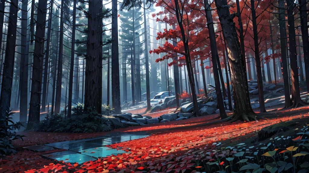 forest in paper, red and blue